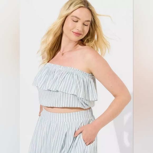 Torrid Tea length Rayon Slub Ruffle Top Skirt Set Sunday Stripe Cloud Dancer - Picture 4 of 14